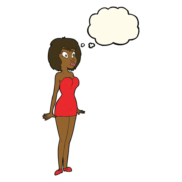 Dibujos animados mujer sorprendida en vestido corto con burbuja de pensamiento — Vector de stock