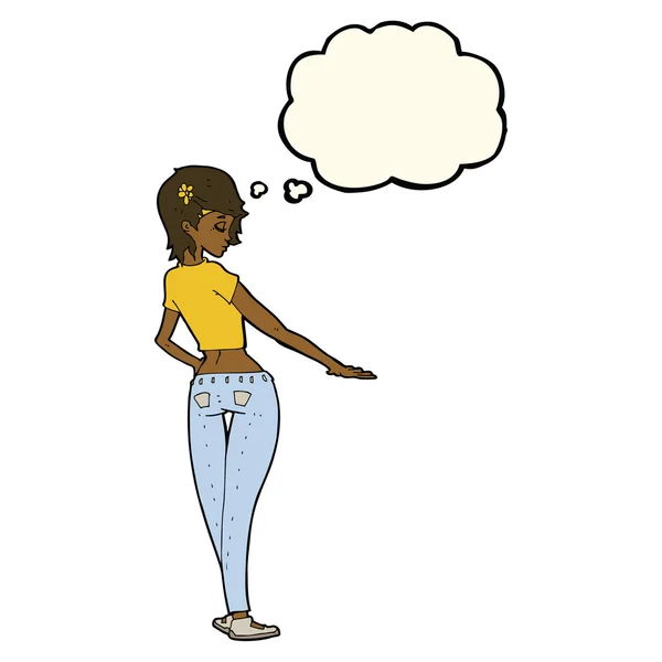Karikatur hübsches Mädchen in Jeans und T-Shirt mit Gedankenblase — Stockvektor