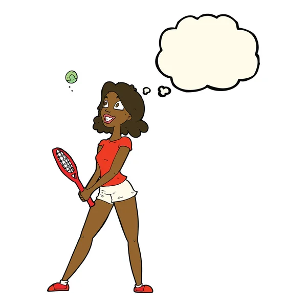 Cartoon vrouw spelen tennis met gedachte zeepbel — Stockvector