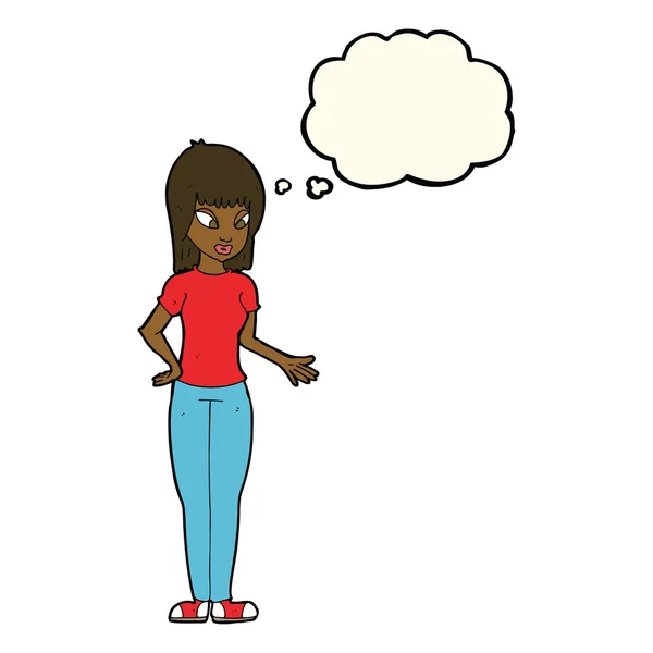 Γυναίκα κινουμένων σχεδίων, εξηγώντας με σκέψη φούσκα — Διανυσματικό Αρχείο