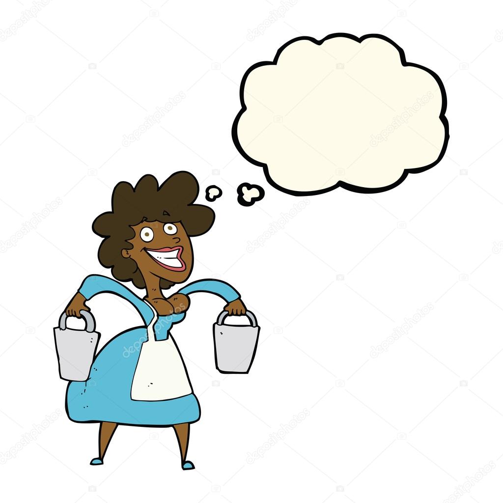 cartoon milkmaid carrying buckets with thought bubble