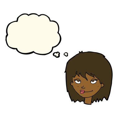 Düşünce baloncuğu olan gülümseyen kadın.