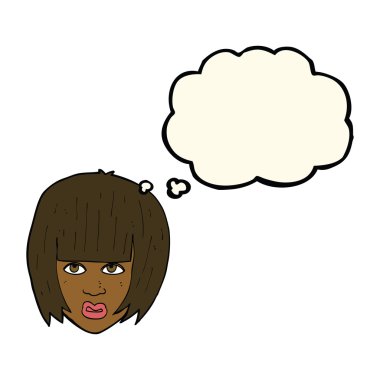 Çizgi film, uzun saçlı, düşünce baloncuklu rahatsız bir kız.