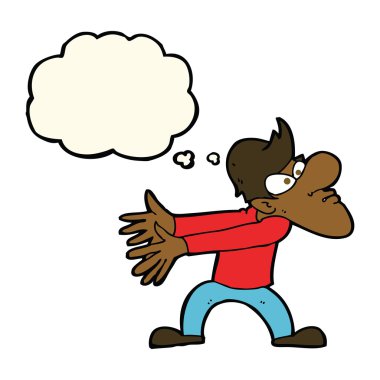 Düşünce baloncuğuyla el kol hareketi yapan sinirli bir adam.