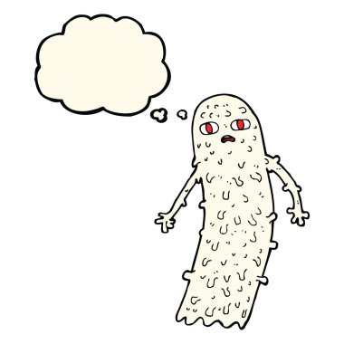 Düşünce baloncuklu hayaletli karikatür.