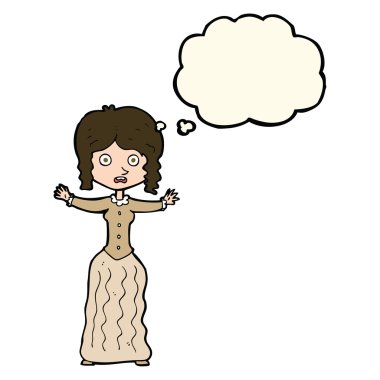 Düşünce baloncuğu olan endişeli Victoria 'lı kadın.