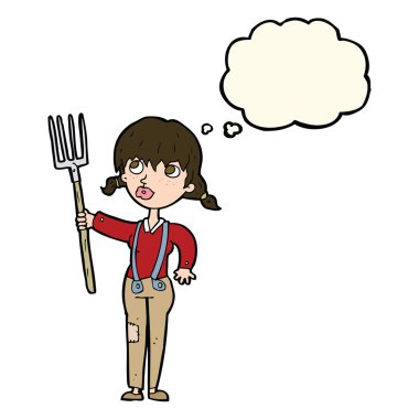 Düşünce baloncuklu çiftçi kız.