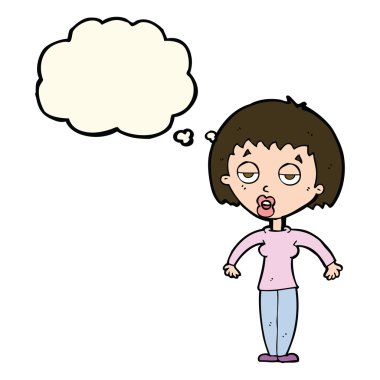 Çizgi filmdeki kadın düşünce balonuyla omuz silkiyor.