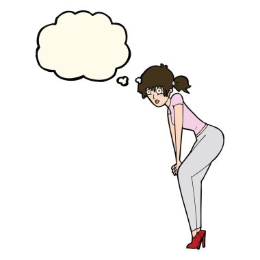 Düşünce baloncuğuyla poz veren çizgi film kadını