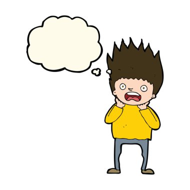 Düşünce baloncuğuyla panikleyen çizgi film adamı.