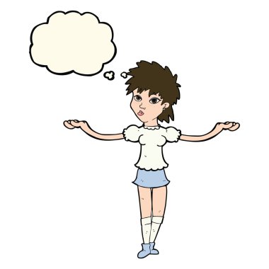 Çizgi filmdeki kadın düşünce balonuyla omuz silkiyor.