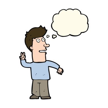 Çizgi film adamı düşünce balonuyla barış işareti yapıyor.