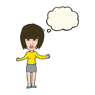 Çizgi filmdeki kadın düşünce balonuyla omuz silkiyor.