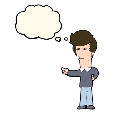 Çizgi film adamı düşünce balonunu işaret ediyor.