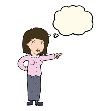 Çizgi film kadını düşünce balonunu işaret ediyor.