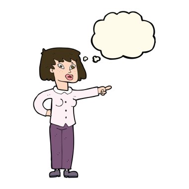 Çizgi film kadını düşünce balonunu işaret ediyor.