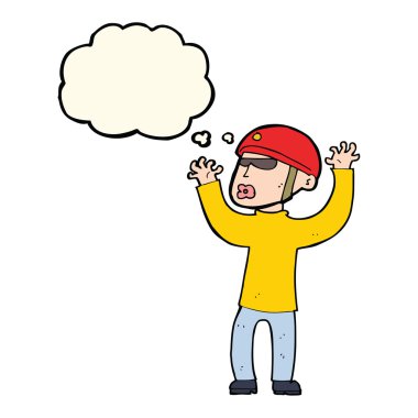 Karikatür güvenliği düşünce baloncuğuyla panikliyor.