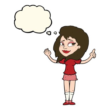 Düşünce baloncuğu olan çizgi film kadını.