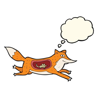 Düşünce baloncuğuyla karnında fare olan çizgi film tilkisi