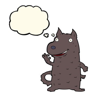 Düşünce baloncuklu mutlu bir köpek.