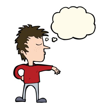 Çizgi filmci, düşünce baloncuğuyla kamp hareketi yapıyor.