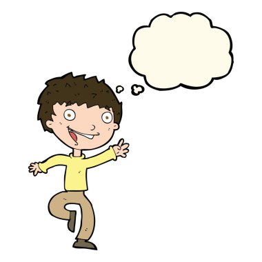 Düşünce baloncuğu olan heyecanlı çocuk.