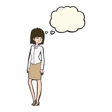 Düşünce balonu olan güzel bir iş kadını.