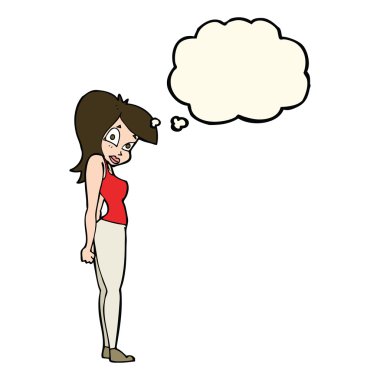 Düşünce baloncuğu olan güzel bir kadın.