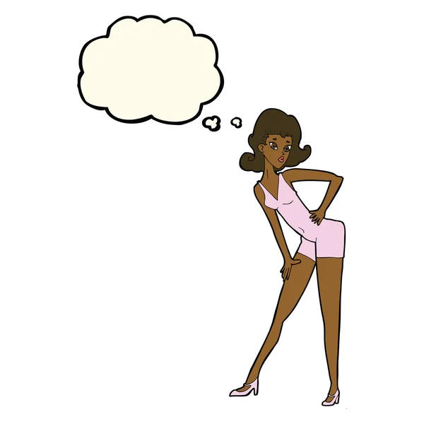 Modelo de dibujos animados mujer posando con burbuja de pensamiento — Vector de stock