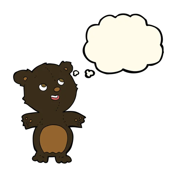 Dibujos animados pequeño oso negro feliz con burbuja de pensamiento — Archivo Imágenes Vectoriales