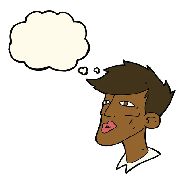 Dibujos animados chico modelo masculino con burbuja de pensamiento — Vector de stock