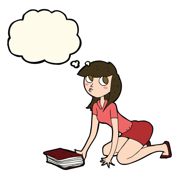 Chica de dibujos animados recogiendo libro con burbuja de pensamiento — Vector de stock