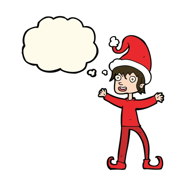 Dibujos animados emocionados elfo de Navidad con burbuja de pensamiento — Archivo Imágenes Vectoriales