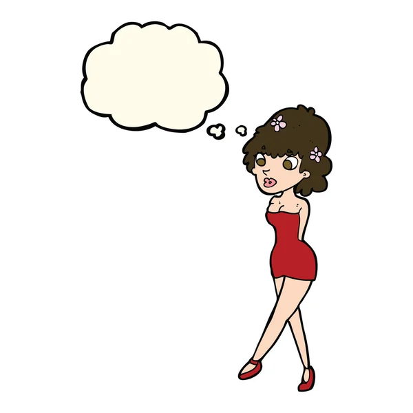 Cartoon vrouw poseren in jurk met gedachte zeepbel — Stockvector