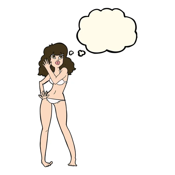 Dibujos animados mujer bonita en bikini con burbuja de pensamiento — Archivo Imágenes Vectoriales