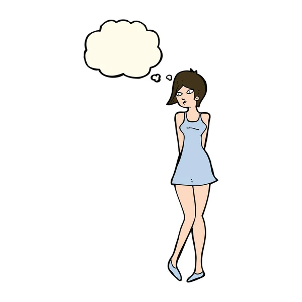 Dessin animé jolie femme en robe avec bulle de pensée — Image vectorielle