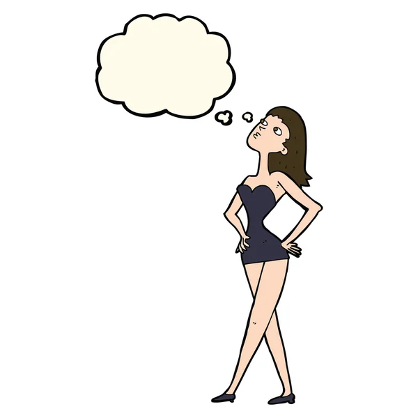 Mulher dos desenhos animados em vestido de festa com bolha de pensamento — Vetor de Stock