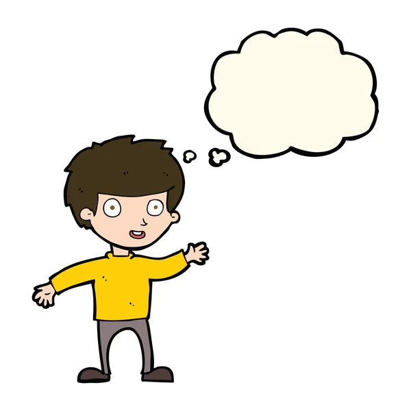 Cartoon gelukkig jongen met gedachte zeepbel — Stockvector