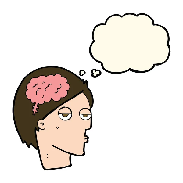 Tecknad huvud med hjärna symbol med tanke bubbla — Stock vektor