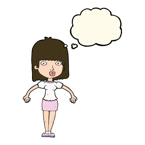 Cartoon woman shrugging shoulders with thought bubble — Stock Vector