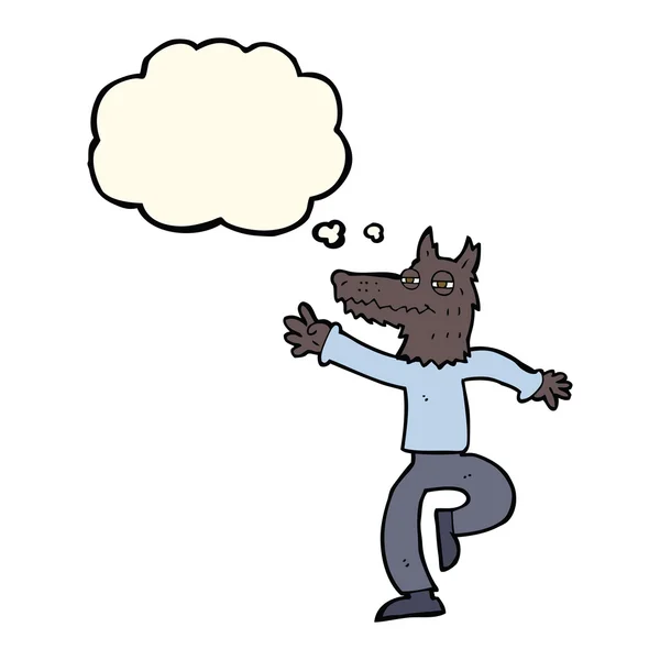 Karikatur glücklicher Wolf Mann mit Gedankenblase — Stockvektor
