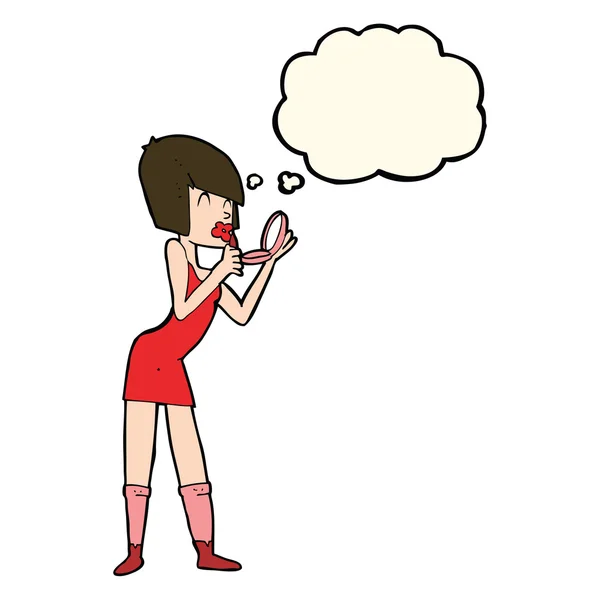思考バブルで口紅を塗る漫画の女性 — ストックベクタ