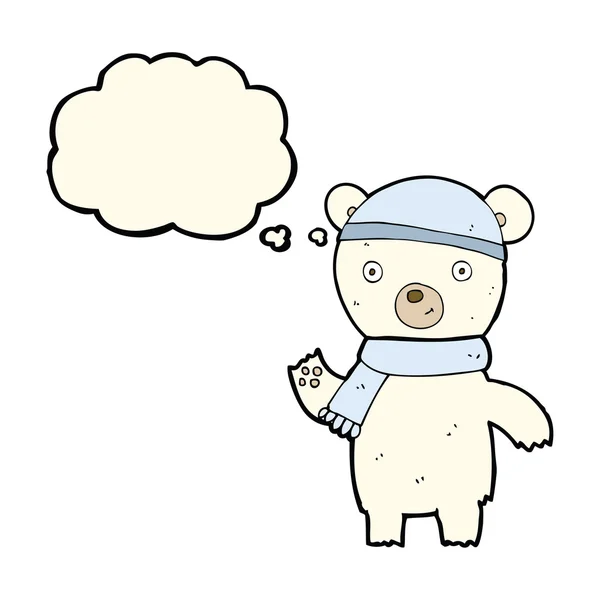 Dibujos animados ondeando oso polar con burbuja de pensamiento — Vector de stock