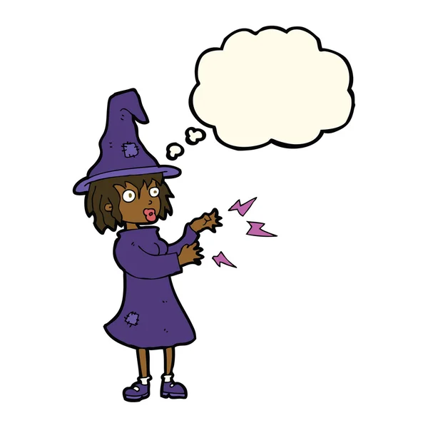 Cartoon witch casting spell with thought bubble — Stock Vector