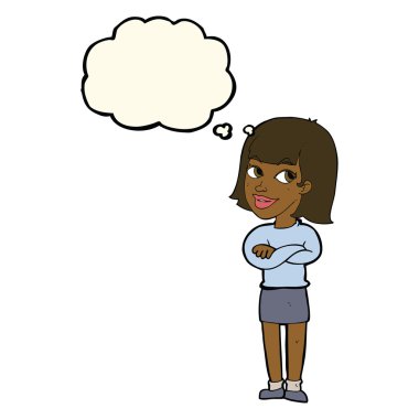 çizgi film mutlu kadın düşünce baloncuğuyla bakıyor