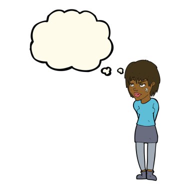 Düşünce baloncuğu yüzlü karikatür kadın.