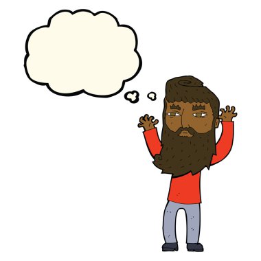 Çizgi film sakallı adam düşünce baloncuğuyla kollarını sallıyor.