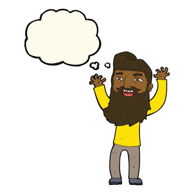 çizgi film mutlu sakallı adam düşünce baloncuğuyla kollarını sallıyor