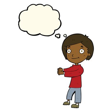 Düşünce baloncuğu olan mutlu çocuk.