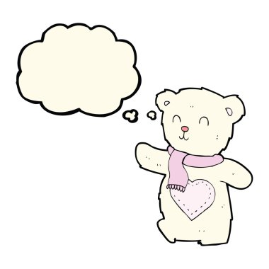 Düşünce baloncuklu aşk dolu kalbi olan beyaz oyuncak ayı.